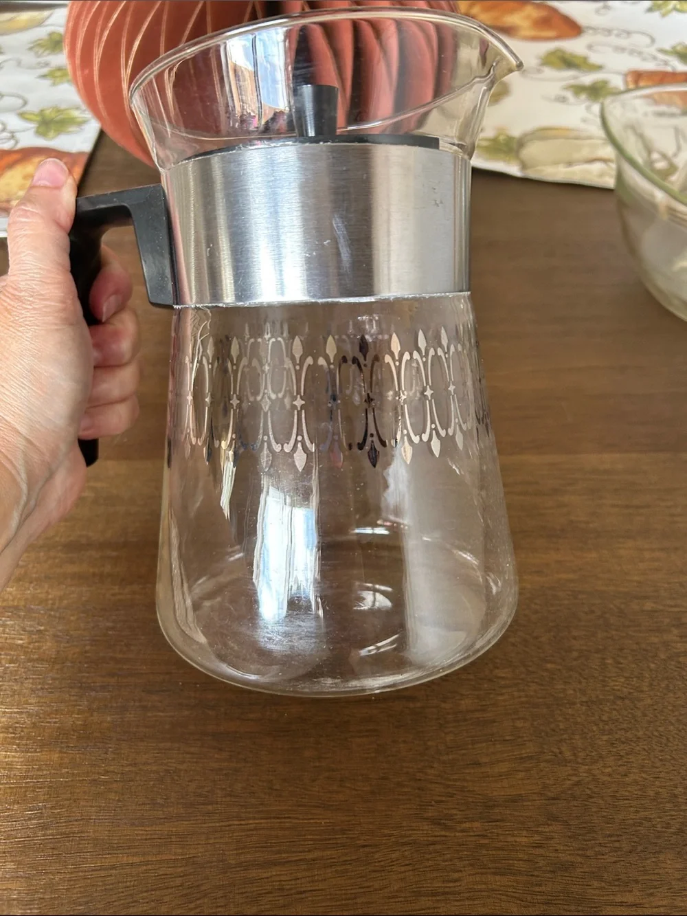 Pyrex MCM vintage Clear Glass Coffee Server with Black Handle and Silver Band